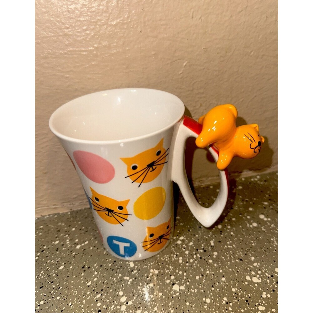 Indra Stoneware Cat‎ Coffee Mug Vintage With Cat On Handle Hand Painted Colorful